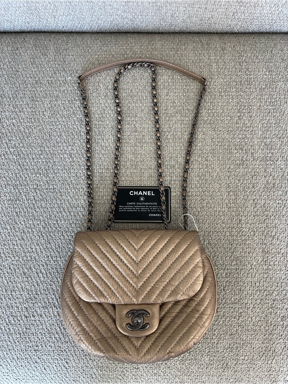 CHANEL Mini Metallic Bronze Chevron Quilted Leather Crossbody Bag